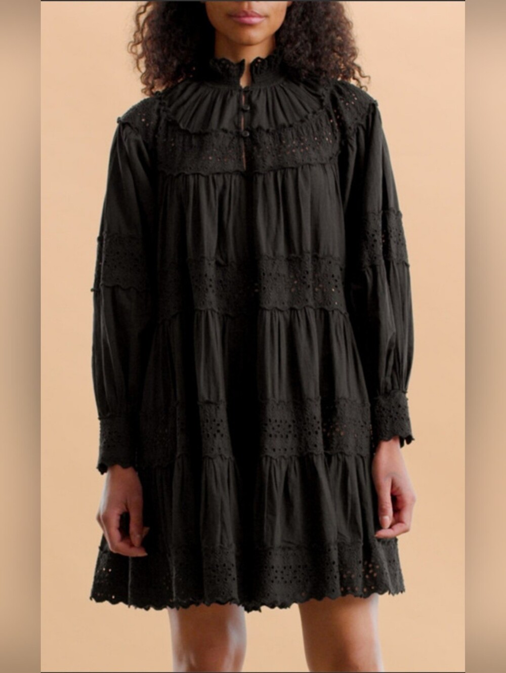 Anthropologie /Maeve Black Eyelet Tiered Mini Dress with Long Sleeves    Size XL - Picture 3 of 15